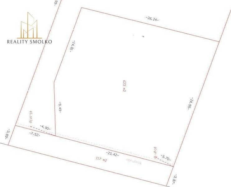 Baugrundstück in Ľubotice mit markierter Katasterkarte und Abmessungen.