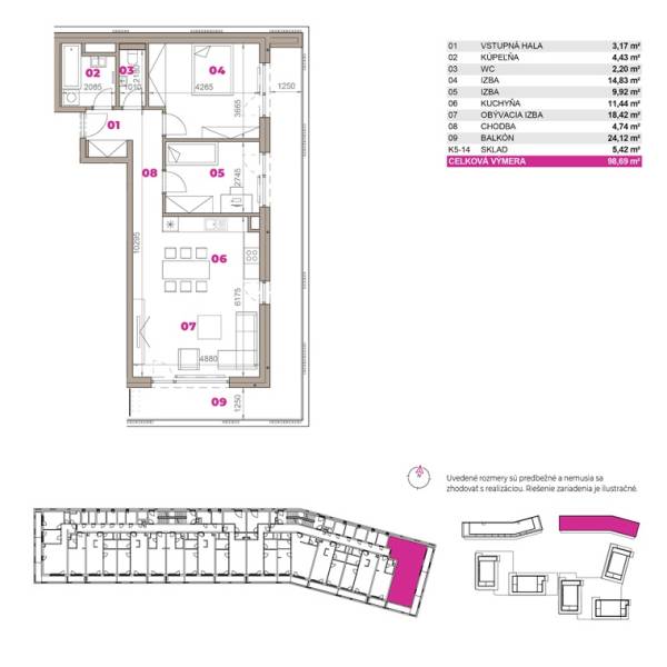 Grundriss einer 3-Zimmer-Wohnung in Bratislava - Ružinov umfasst Zimmer, Küche und Balkon.