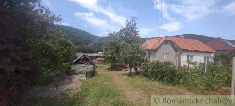 Ein Einfamilienhaus in Šiatorská Bukovinka mit Blick auf die Berge, ein Garten mit Bäumen und Weinreben.