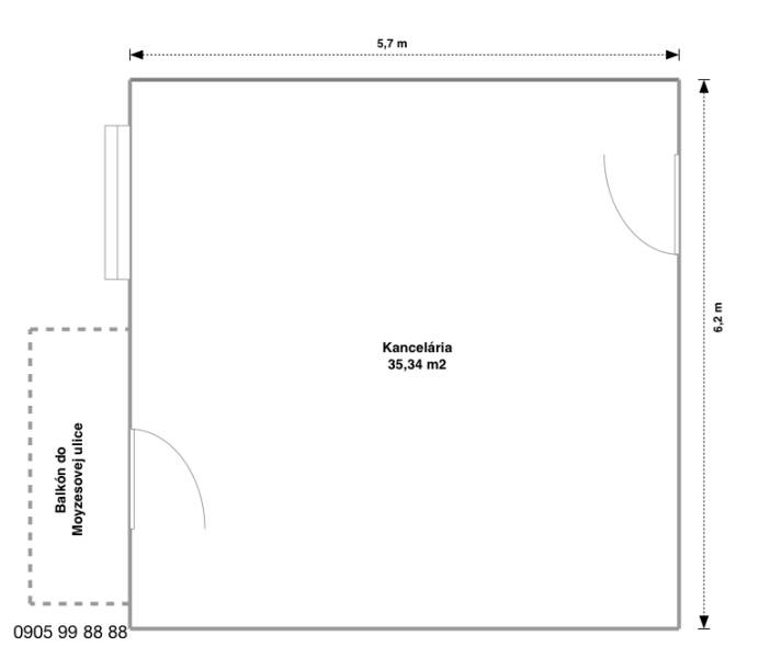 Grundriss eines Büros mit 35,34 m² mit Balkon zur Moyzesova-Straße, Stadtteil Staré Mesto, Košice.