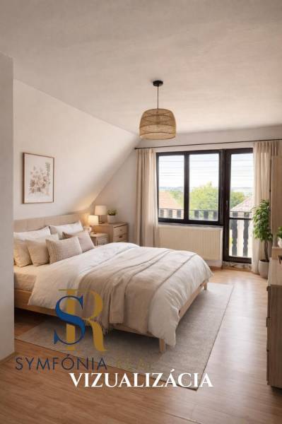 Helles Schlafzimmer mit Holzdekorboden in einem Einfamilienhaus voller eleganter Details.