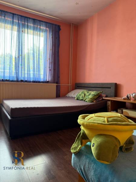 Ein Zimmer in einem Einfamilienhaus mit einem Bett, einem Spielzeug und einem Boden mit Holzdekor.