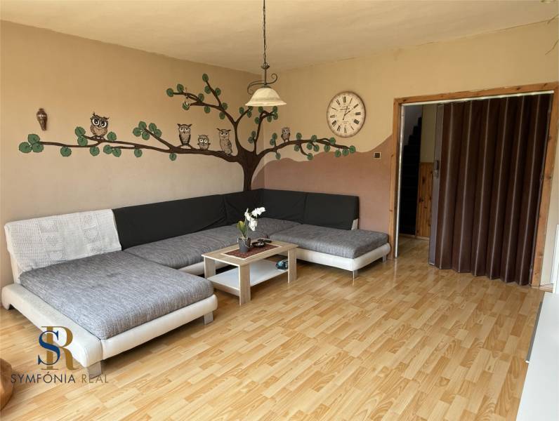 Wohnzimmer mit Sofa, Eulendekoration an der Wand und Holzboden.