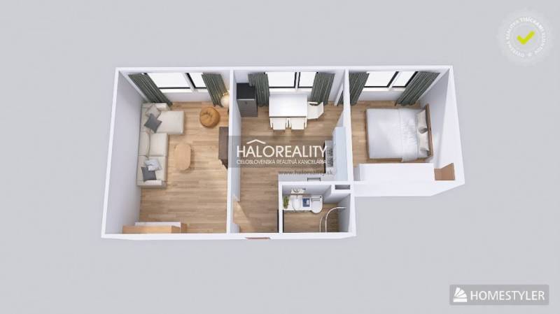 Grundriss einer 2-Zimmer-Wohnung mit Holzboden, Arbeits- und Wohnbereich.