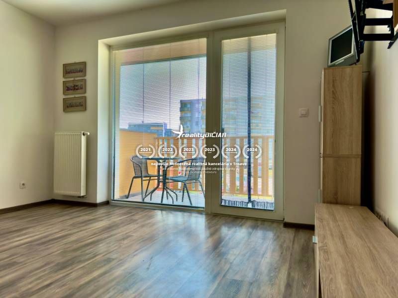 Wohnzimmer in einer 2-Zimmer-Wohnung mit Holzboden und Zugang zum Balkon.