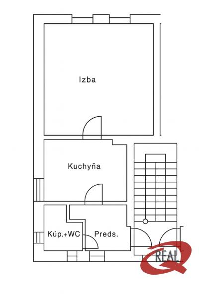 Der Grundriss einer Einzimmerwohnung umfasst ein Zimmer, eine Küche, einen Flur und ein Badezimmer mit WC.