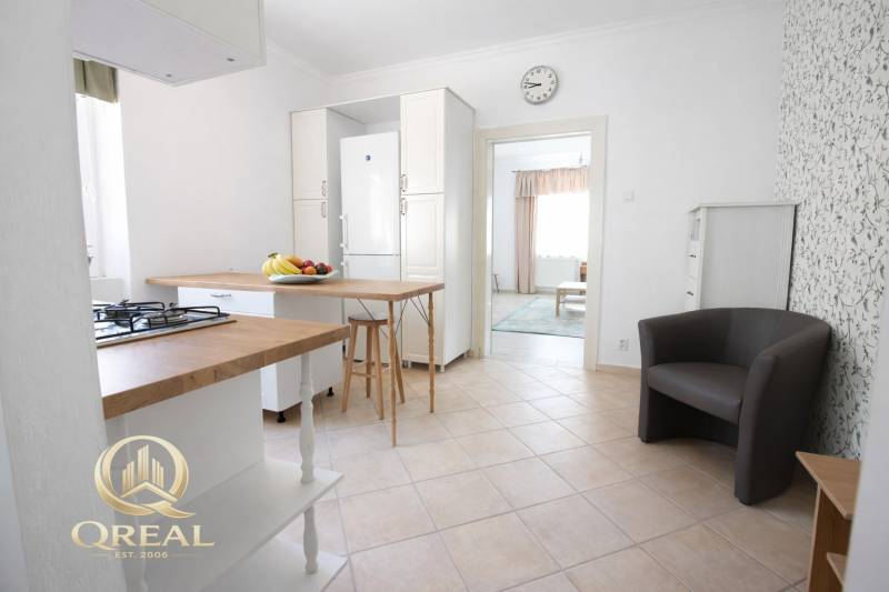 Küche mit Bartresen in einer Einzimmerwohnung und Obst auf dem Tisch.