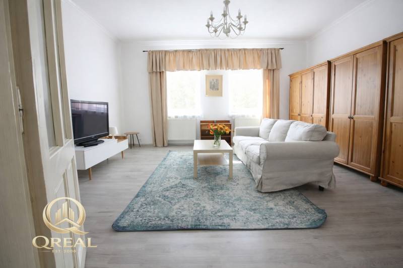 Wohnzimmer in einer Einzimmerwohnung mit Sofa, Fernseher und Boden in Holzoptik.