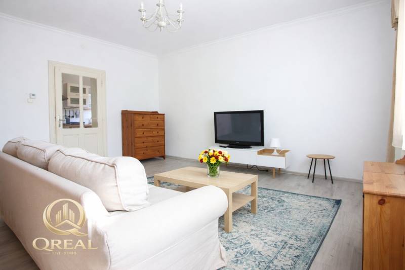 Wohnzimmer mit Fernseher, Sofa und Couchtisch in einer Einzimmerwohnung.