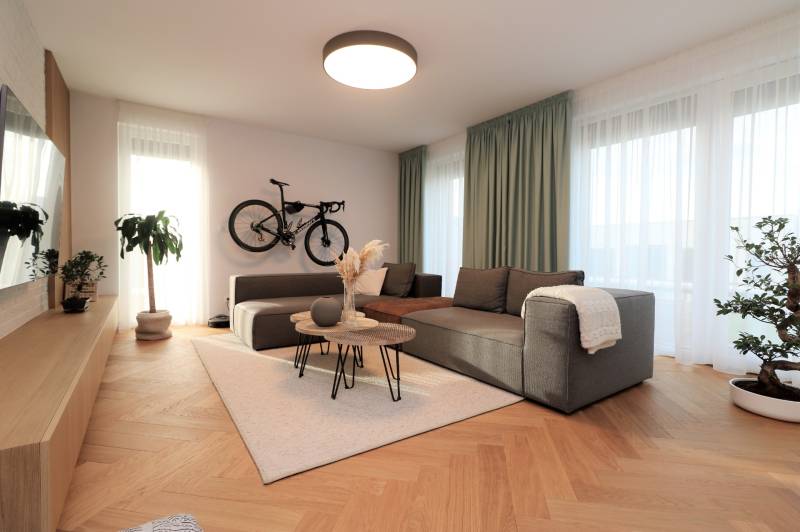 Helles Wohnzimmer in einer 4-Zimmer-Wohnung mit Sofa, Fahrrad, Holzboden und Pflanzen.