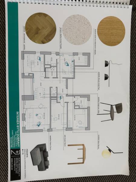 Entwurf eines 4-Zimmer-Wohnungsinterieurs mit Vorschlägen für Böden und Möbel.