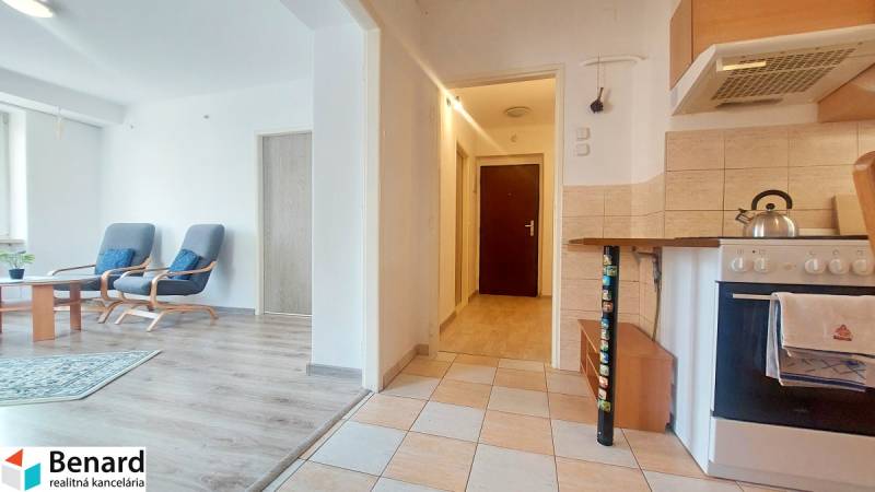 Küche mit Wohnzimmer, weiße Wände, Boden mit Holzdekor, 2-Zimmer-Wohnung.