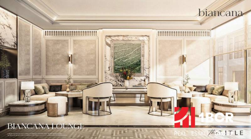 Luxuriöses Interieur mit Marmordetails und bequemen Sitzgelegenheiten. Wohnungsbau.