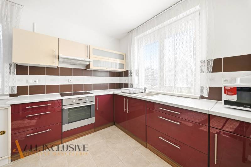 Küche im Einfamilienhaus mit roten Schränken und Geräten.