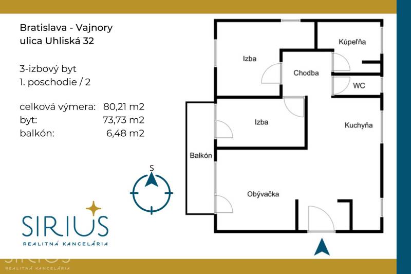 Grundriss einer 3-Zimmer-Wohnung in der Uhliská-Straße, Bratislava - Vajnory, mit Balkon.