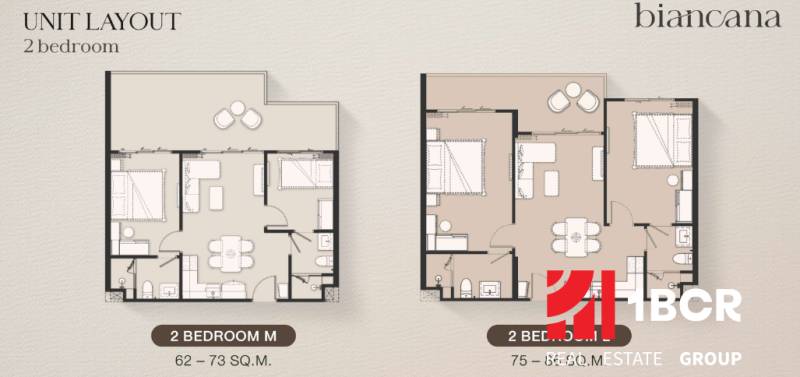 Zwei Grundrisse von Zweizimmerwohnungen mit zwei Schlafzimmern und einem Wohnzimmer.