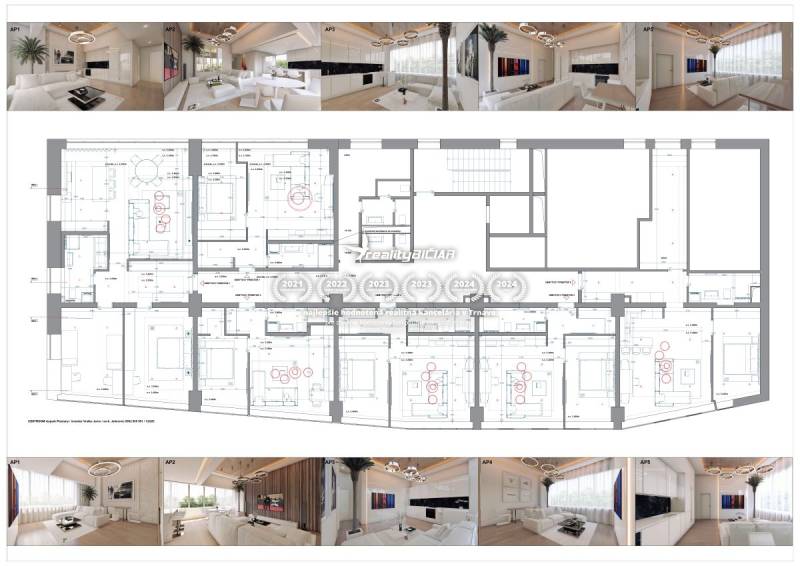 Innenraum mit weißer Sitzgelegenheit, Holzboden, Grundriss. Besondere Immobilien.