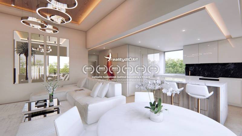 Interieur von besonderen Immobilien mit heller Couch, moderner Beleuchtung und Blumendekoration.