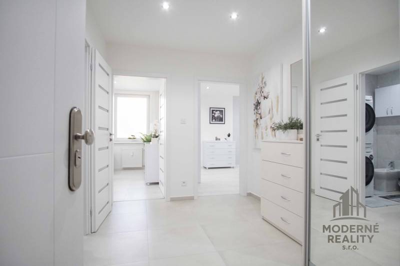 Heller Eingangsflur in einer 2-Zimmer-Wohnung mit modernem Dekor und hängenden Bildern.