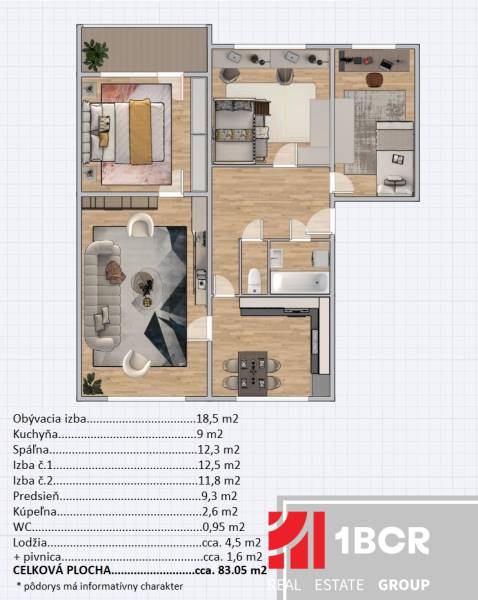 Grundriss einer 4-Zimmer-Wohnung mit Holzboden, helle Zimmer, Badezimmer, Küche.