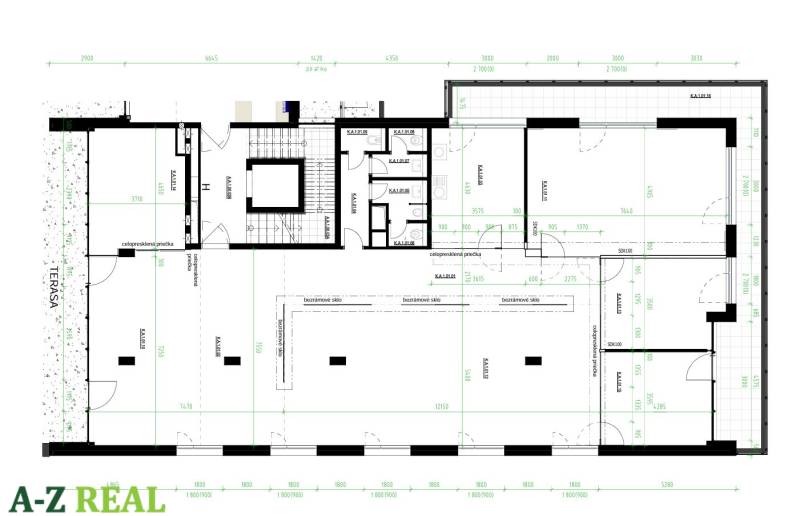 Grundriss von Büros mit Terrasse und verglasten Trennwänden zur maximalen Raumausnutzung.