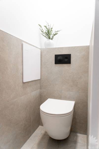 Toilette mit hängendem WC und Zierpflanze in einer 3-Zimmer-Wohnung.