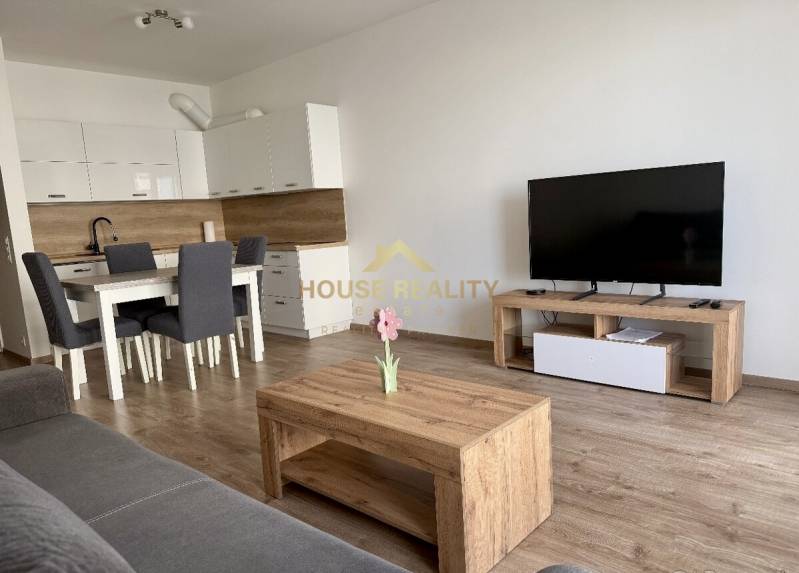 Wohnzimmer mit Küchenzeile, Esstisch und Fernseher in einer 2-Zimmer-Wohnung mit Holzboden.