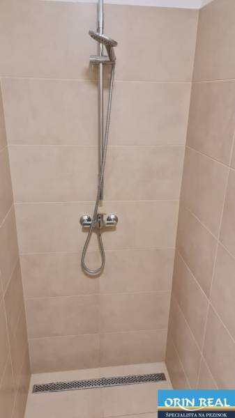 Duschkabine in einem Einzimmerapartment mit einfachem Design und klaren Linien.