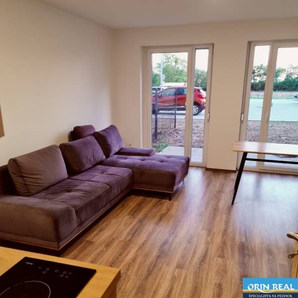 Wohnbereich in einem Einzimmerapartment mit violettem Sofa und Holzboden.