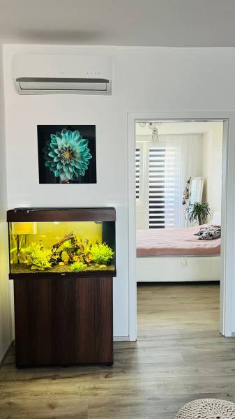 Ein Aquarium und ein Boden mit Holzdekor in einer 3-Zimmer-Wohnung, Übergang in ein helles Schlafzimmer.