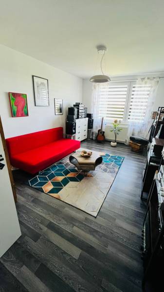 Ein Zimmer mit einem roten Sofa und einem Holzboden in einer 3-Zimmer-Wohnung.