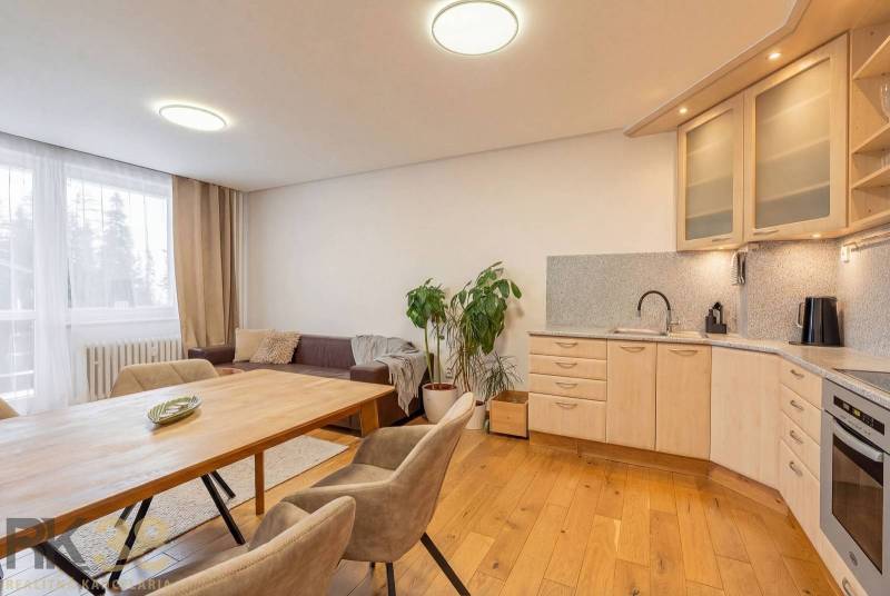 Innenraum einer Ferienwohnung mit Sofa, Küche und Holzboden.