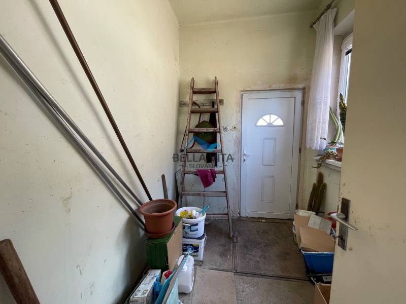 Úložný priestor s rebríkom, dverami a kvetmi v rodinnom dome.