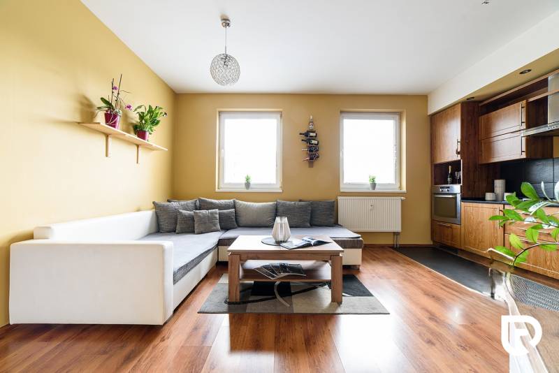 Wohnzimmer in einer 2-Zimmer-Wohnung mit Küche und Boden in Holzoptik.