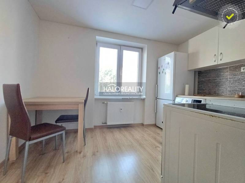 Küche in einer Einzimmerwohnung mit Einrichtung und Boden in Holzoptik.