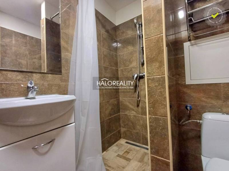 Badezimmer mit Dusche und Waschbecken in einer Einzimmerwohnung, braune Fliesen.