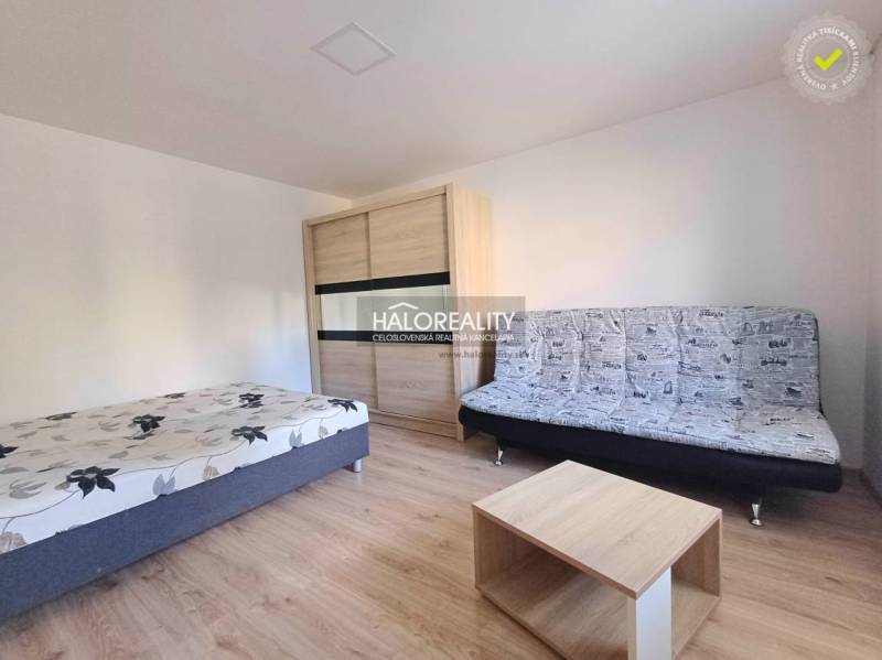 Einzimmerwohnung mit Bett, Sofa, Schrank und Tisch. Boden mit Holzdekor.