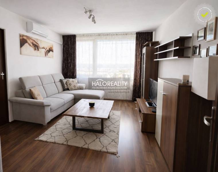 Wohnzimmer in einer 4-Zimmer-Wohnung mit Holzboden, Sofa und Fernseher.