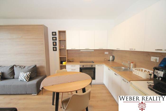 Kompakte Küche und Wohnbereich mit Holzboden in einer Einzimmerwohnung.
