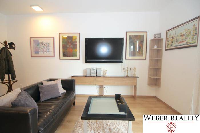 Wohnzimmer in einer Einzimmerwohnung mit Fernseher, Ledersofa und Holzboden.