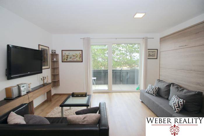 Wohnzimmer in einer Einzimmerwohnung mit Fernseher, Sofas und Holzboden.