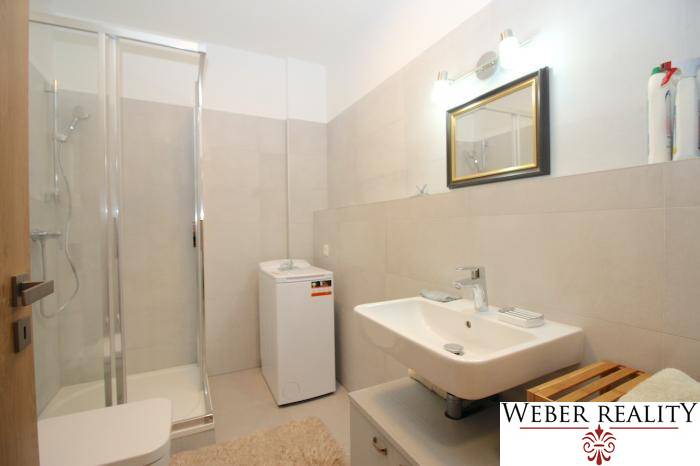 Badezimmer mit Waschbecken, Waschmaschine und Duschkabine in einer Einzimmerwohnung.