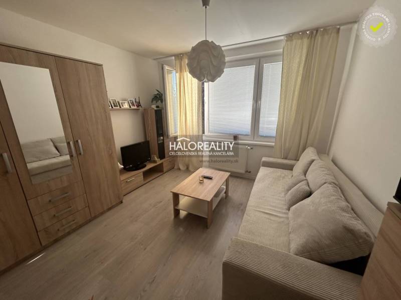 Ein Studio mit einem Boden in Holzoptik, einem Sofa und einem Schrank.