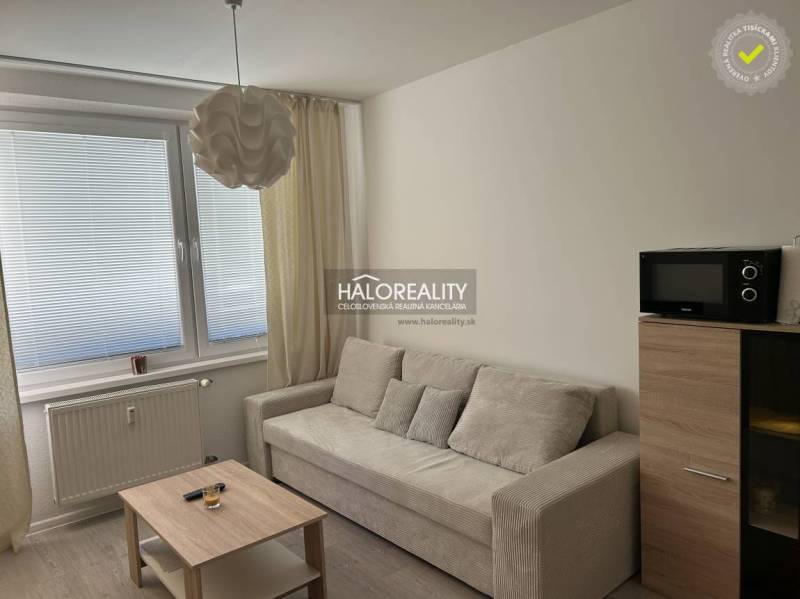 Einzimmerwohnung mit einem hellen Sofa, Couchtisch und Mikrowelle; Boden mit Holzdekor.