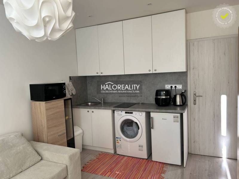 Küche in einem Einzimmerapartment mit Spüle, Waschmaschine, Kühlschrank und Mikrowelle, heller Innenraum.
