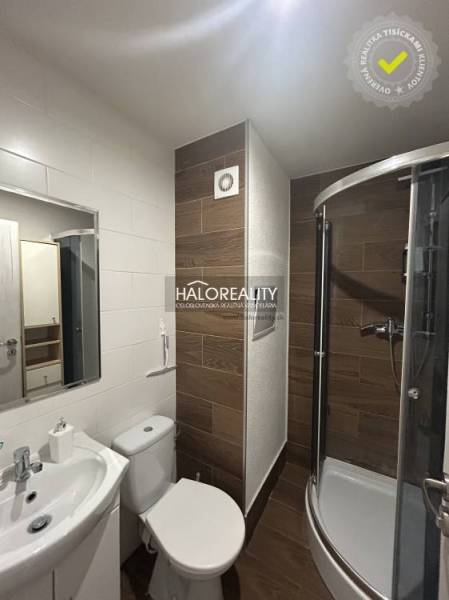 Kompaktes Badezimmer in einem Studio-Apartment mit Eckdusche und Wandverkleidung in Holzoptik.