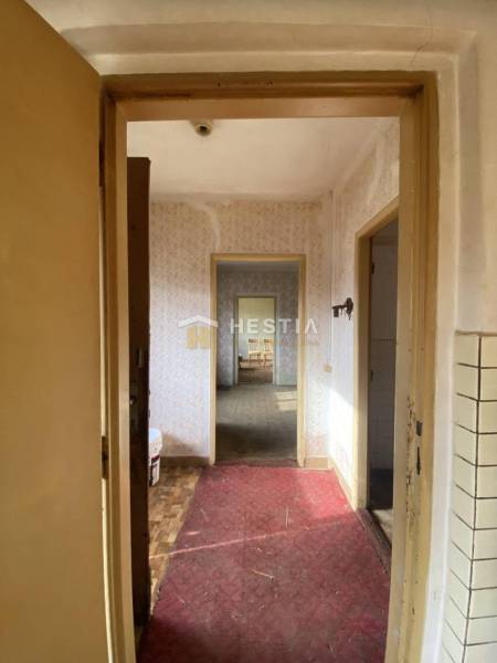 Der Flur in einem Einfamilienhaus mit einem Holzboden und schlichten Wänden.