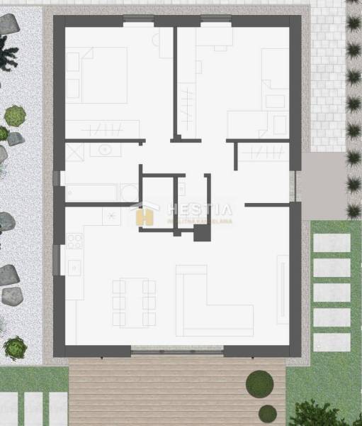 Grundriss eines Einfamilienhauses mit drei Zimmern, einer Küche und einer Außenterrasse.