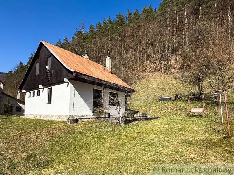 Eine Hütte in Moštenica am Waldrand, umgeben von Grün, mit einer Schaukel im Garten.