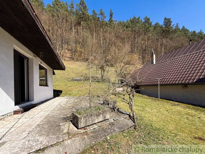 Der Garten bei der Hütte in Moštenica mit Blick auf den Hang mit Wald.